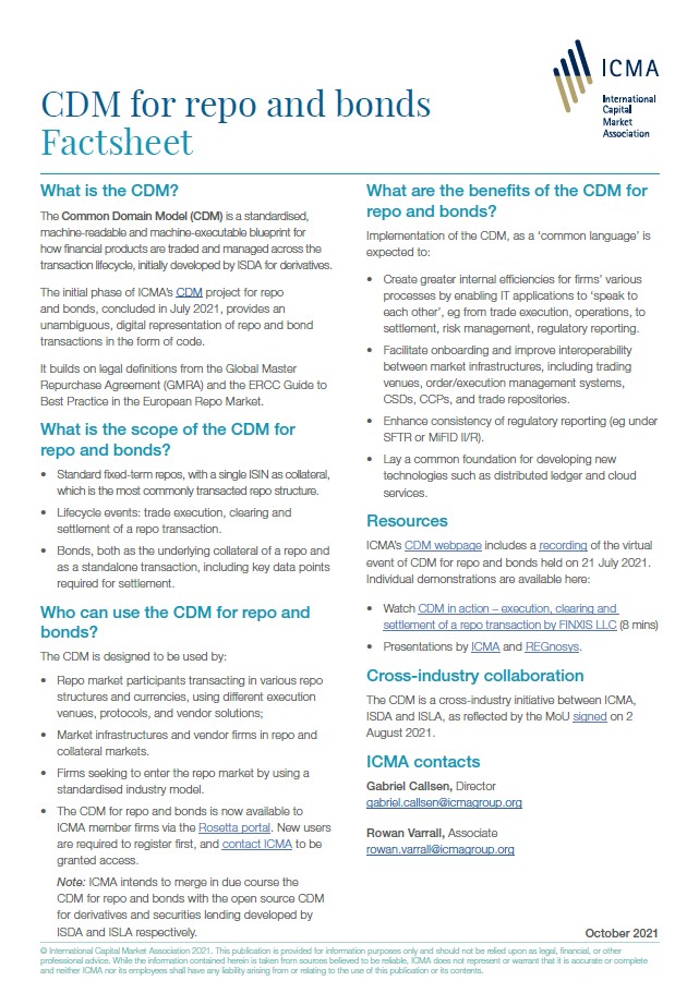 ICMA - CDM for repo and bonds - Factsheet - October 2021